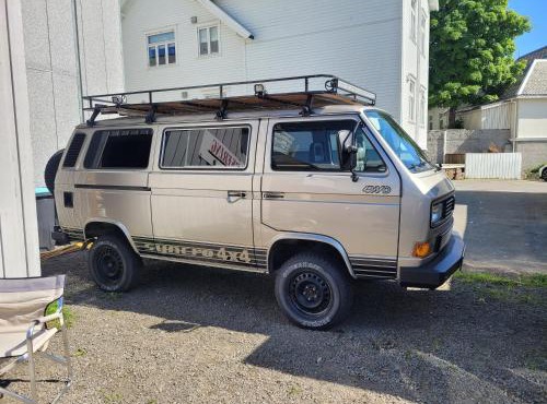 Sleep inside a classic Volkswagen Syncro van in central Svolvær, close to public showers and toilets