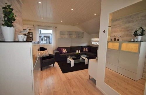 Farsund Apartment | Fewo 'Listastrand 2', Borhaug - Tjörvehavn, Listaland, South-Norway Agder, very chic apartment with large roof terrace and sea view at the bay Bausje with long beach, 4-5 adults or 2 adults and 3 children, 2 bedrooms, 1 shower room, WLAN Internet.