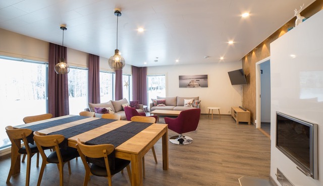 Modern Villa Lumikko with outdoor hot tub.